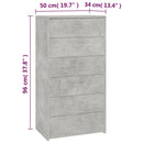 kommode med 6 skuffer 50x34x96 cm konstrueret træ betongrå