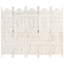 5-panels rumdeler håndskåret 200 x 165 cm massivt mangotræ hvid