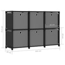 reol med 6 rum og kasser 103x30x72,5 cm stof sort