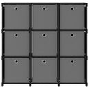 reol med 9 rum og kasser 103x30x107,5 cm stof sort