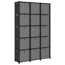 reol med 15 rum og kasser 103x30x175,5 cm stof sort