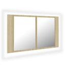 badeværelsesskab m. spejl og LED-lys 80x12x45cm akryl sonoma-eg