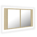 badeværelsesskab m. spejl og LED-lys 80x12x45cm akryl sonoma-eg