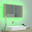 badeværelsesskab m. spejl og LED-lys 80x12x45cm akryl sonoma-eg