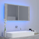 badeværelsesskab m. spejl og LED-lys 90x12x45 cm akryl betongrå