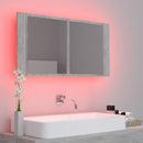 badeværelsesskab m. spejl og LED-lys 90x12x45 cm akryl betongrå