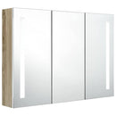 badeværelsesskab med spejl + LED-lys 89x14x62 cm hvid og egetræ