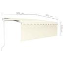 markise m. gardin+LED+vindsensor 4x3 m automatisk cremefarvet