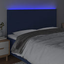 sengegavl med LED-lys 160x5x118/128 cm stof blå
