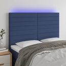 sengegavl med LED-lys 144x5x118/128 cm stof blå