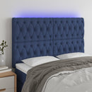 sengegavl med LED-lys 160x7x118/128 cm stof blå