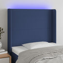 sengegavl med LED-lys 83x16x118/128 cm stof blå