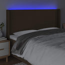 sengegavl med LED-lys 203x16x118/128 cm stof mørkebrun
