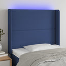 sengegavl med LED-lys 93x16x118/128 cm stof blå