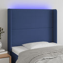 sengegavl med LED-lys 103x16x118/128 cm stof blå