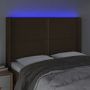 sengegavl med LED-lys 147x16x118/128 cm stof mørkebrun