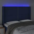 sengegavl med LED-lys 147x16x118/128 cm stof blå