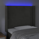 sengegavl med LED-lys 103x16x118/128 cm fløjl mørkegrå