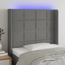 sengegavl med LED-lys 103x16x118/128 cm stof mørkegrå