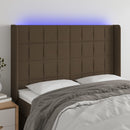 sengegavl med LED-lys 147x16x118/128 cm stof mørkebrun