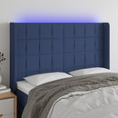 sengegavl med LED-lys 147x16x118/128 cm stof blå