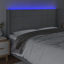 sengegavl med LED-lys 163x16x118/128 cm stof lysegrå