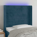 sengegavl med LED-lys 103x16x118/128 cm fløjl mørkeblå