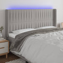sengegavl med LED-lys 203x16x118/128 cm stof lysegrå