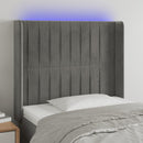sengegavl med LED-lys 83x16x118/128 cm fløjl lysegrå