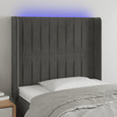 sengegavl med LED-lys 83x16x118/128 cm fløjl mørkegrå