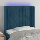 sengegavl med LED-lys 83x16x118/128 cm fløjl mørkeblå