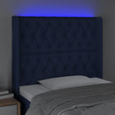sengegavl med LED-lys 93x16x118/128 cm stof blå