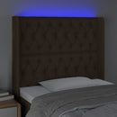 sengegavl med LED-lys 103x16x118/128 cm stof mørkebrun