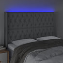 sengegavl med LED-lys 147x16x118/128 cm stof lysegrå