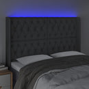 sengegavl med LED-lys 147x16x118/128 cm stof mørkegrå