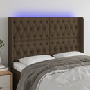 sengegavl med LED-lys 147x16x118/128 cm stof mørkebrun