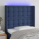 sengegavl med LED-lys 93x16x118/128 cm stof blå
