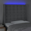 sengegavl med LED-lys 103x16x118/128 cm stof lysegrå