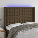 sengegavl med LED-lys 147x16x118/128 cm stof mørkebrun
