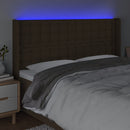 sengegavl med LED-lys 203x16x118/128 cm stof mørkebrun