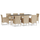 spisebordssæt til haven 9 dele med hynder polyrattan beige