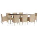 spisebordssæt til haven 9 dele med hynder polyrattan beige