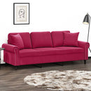 3-personers sofa med pyntepuder 180 cm velour vinrød