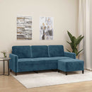 3-personers sofa med fodskammel 180 cm velour blå