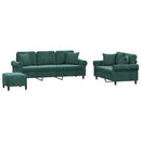 sofasæt 3 dele med puder velour mørkegrøn