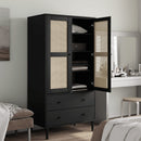 klædeskab SENJA 90x55x175 cm rattan-look massivt fyrretræ sort