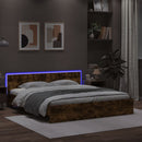 sengeramme med sengegavl og LED-lys 200x200 cm røget egetræ