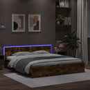 sengeramme med sengegavl og LED-lys 200x200 cm røget egetræ