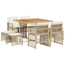 spisebordssæt til haven 9 dele med hynder polyrattan beige