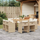 spisebordssæt til haven 9 dele med hynder polyrattan beige
